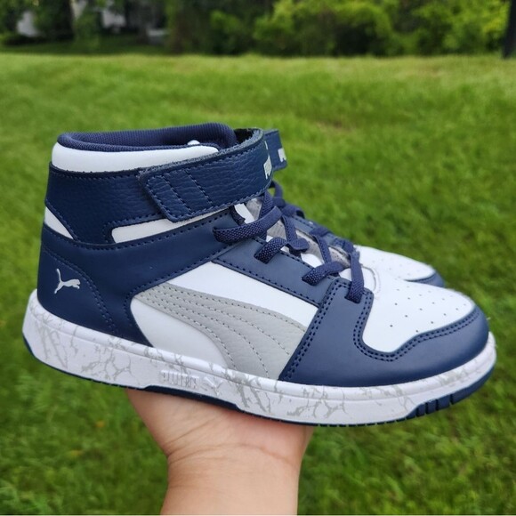 Puma Kids Rebound Blue White Layup Mid-Top Marbled Sole Sneakers Size 2 - Picture 1 of 16